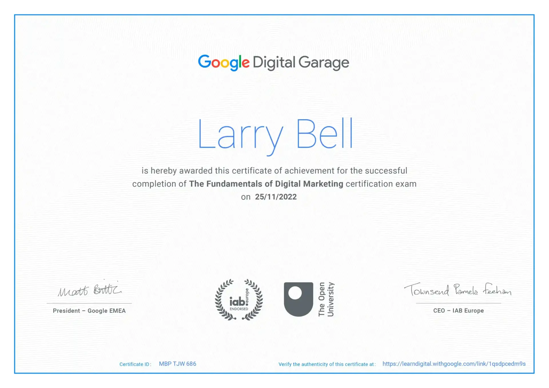 Larry Bell Google Digital Garage Fundamentals of Digital Marketing certificate